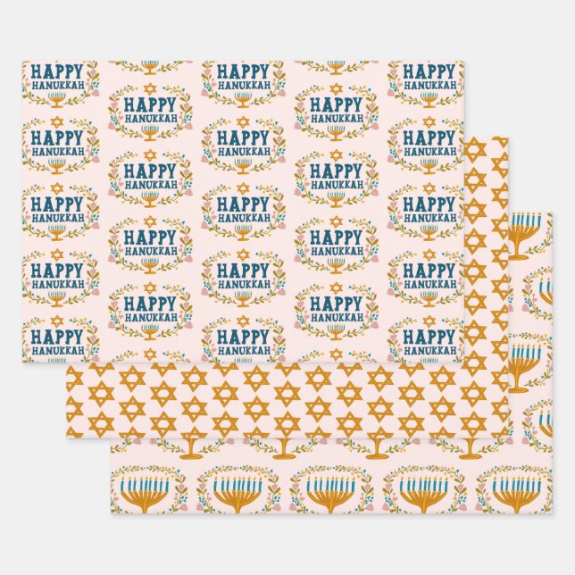 HAPPY HANUKKAH floral wreath Jewish Holiday Set of Wrapping Paper Sheet (Set)