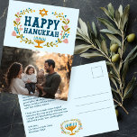 HAPPY HANUKKAH Floral Wreath Menorah Custom PHOTO Postcard<br><div class="desc">Hand drawn text and florals by me for you. Click "personalize" to edit and add your own photo to the front and text and return address to the back of the postcard or change the background colours. Everything is customizable. For more designs and colours check my shop! Or let me...</div>