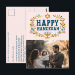 HAPPY HANUKKAH Floral Wreath Menorah Custom PHOTO Postcard<br><div class="desc">Hand drawn text and florals by me for you. Click "personalize" to edit and add your own photo to the front and text and return address to the back of the postcard or change the background colours. Everything is customizable. For more designs and colours check my shop! Or let me...</div>