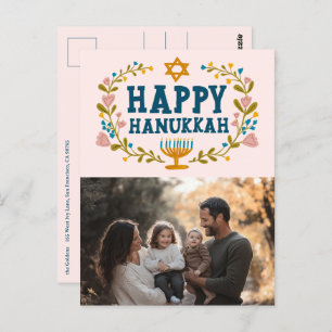 HAPPY HANUKKAH Floral Wreath Menorah Custom PHOTO Postcard
