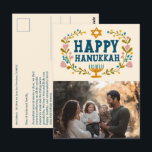 HAPPY HANUKKAH Floral Wreath Menorah Custom PHOTO Postcard<br><div class="desc">Hand drawn text and florals by me for you. Click "personalize" to edit and add your own photo to the front and text and return address to the back of the postcard or change the background colours. Everything is customizable. For more designs and colours check my shop! Or let me...</div>