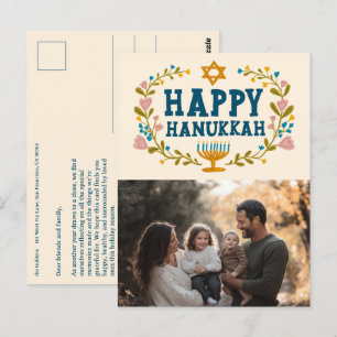 HAPPY HANUKKAH Floral Wreath Menorah Custom PHOTO Postcard