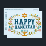 HAPPY HANUKKAH Floral Wreath Menorah Custom text Postcard<br><div class="desc">Hand drawn text and florals by me for you. Click "personalize" to edit and add your own text and return address to the back of the postcard or change the background colours. Everything is customizable. For more designs and colours check my shop! Or let me know if you'd like something...</div>