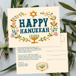 HAPPY HANUKKAH Floral Wreath Menorah Custom text Postcard<br><div class="desc">Hand drawn text and florals by me for you. Click "personalize" to edit and add your own text and return address to the back of the postcard or change the background colours. Everything is customizable. For more designs and colours check my shop! Or let me know if you'd like something...</div>