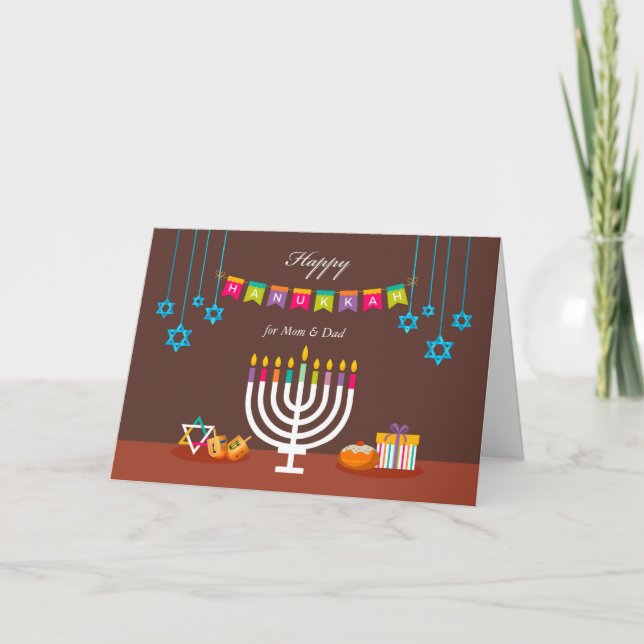 Happy Hanukkah for Mom and Dad, Colourful Menorah Card (Front)