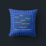 HAPPY HANUKKAH | Fruit of the Spirit | LIGHT BLUE Throw Pillow<br><div class="desc">Colourful festive pillow with faux silver Star of David in subtle background pattern. FRUIT OF THE SPIRIT including Hebrew translations are written in red, yellow and green. HAPPY HANUKKAH is customizable if you want to add your name. Part of the HANUKKAH Collection.</div>