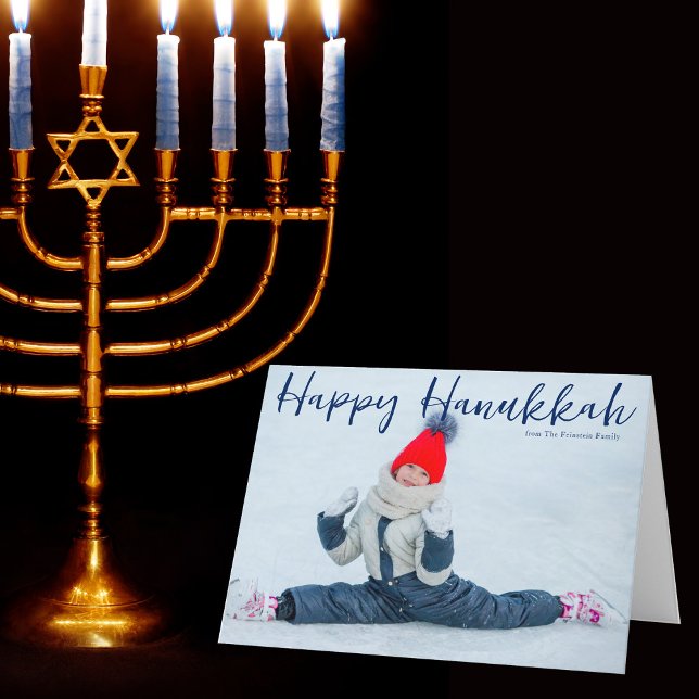 Happy Hanukkah Full Photo Modern Blue Script Holiday Card (Creator Uploaded)
