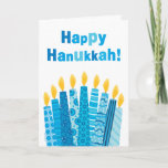 Happy Hanukkah Funky Menorah Candles Holiday Card<br><div class="desc">A funky assortment of blue menorah candles burn brightly,  adding sparkle and shine to the season.  The fun and eye-catching design!  Matching postage stamp is available in my shop.  Image and verse © Penny Cork.</div>