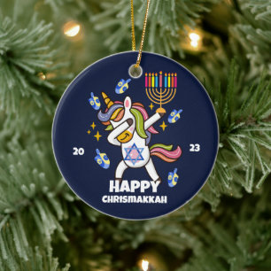 Happy Hanukkah ,funny  dabbing  unicorn Ceramic Ornament