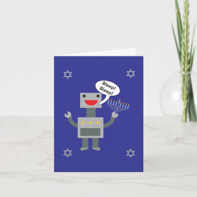 Happy Hanukkah Funny Robot Bleep Blue Personalize Holiday Card (Front)