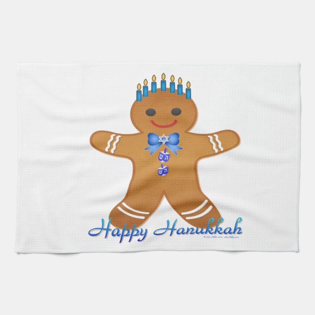 Happy Hanukkah Gingerbread Man Menorah Kitchen Towel (Horizontal)