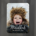 Happy Hanukkah | Glitz Faux Glitter Photo Overlay Magnet<br><div class="desc">Custom printed holiday photo magnets with a simple template for customization. This chic modern design has a faux glitter confetti border and stylish calligraphy text. The wording says "Hanukkah". Personalize it with your photos and add your family name and the year. Use the design tools to edit the text, add...</div>