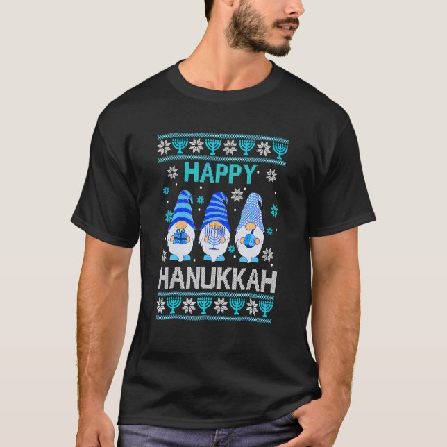 Happy Hanukkah Gnome Gnomies Menorah Pajama Ugly 1 T-Shirt (Front)