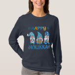 Happy Hanukkah Gnomes Dreidel Menorah T-Shirt<br><div class="desc">Happy Hanukkah Gnomes Dreidel Menorah T-Shirt features three cute gnomes with a Star of David,  Menorah and Dreidel with the text "Happy Hanukkah" in modern script typography. Designed by Evco Holidays www.zazzle.com/store/evcoholidays</div>