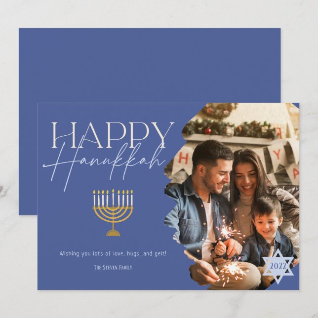Happy Hanukkah gold blue script menorah photo Holiday Card (Front/Back)