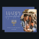 Happy Hanukkah gold blue script menorah photo Holiday Card<br><div class="desc">Happy Hanukkah modern gold blue script menorah photo</div>