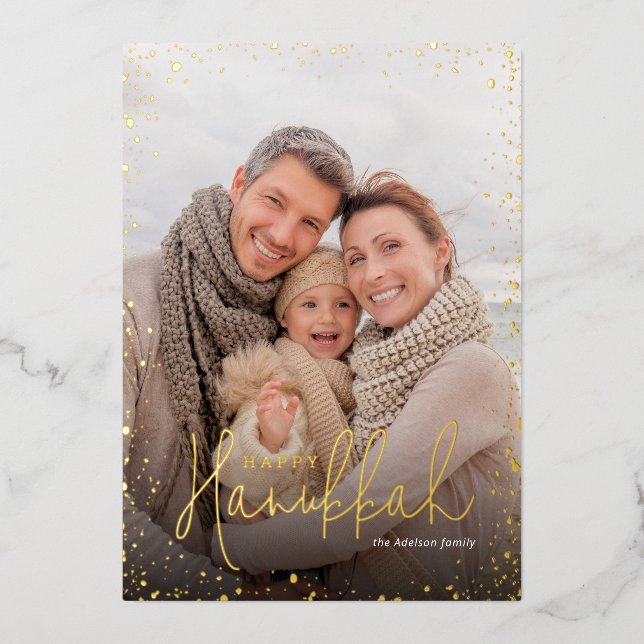 Happy Hanukkah | Gold Glitz Photo Overlay Foil Holiday Card (Front)