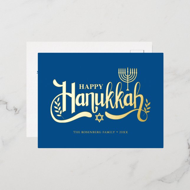 "Happy Hanukkah" Gold Menorah Foil Holiday Postcard (Front/Back)