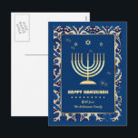 Happy Hanukkah. Gold Menorah Holiday Postcard<br><div class="desc">Happy Hanukkah. Elegant Festive Gold Foil Menorah and Stars of David Postcard with personalized name. Matching cards and gifts available in the Jewish Holidays / Hanukkah Category of our store.</div>