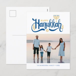 "Happy Hanukkah" Gold Menorah Holiday Postcard