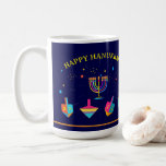 Happy Hanukkah Gold Menorah Jewish Holiday Coffee Mug<br><div class="desc">Happy Hanukkah Beautiful Jewish Holiday Festival of lights Design. Jewish Holiday Hanukkah Vintage navy blue festive background with traditional Chanukah symbols - Gold Menorah, Hanukkiah Candelabrum and Candles, wooden dreidels (spinning top), donuts, star of David and glowing lights wallpaper pattern. Hanukkah Festival Decoration. Jerusalem, Israel. Home & Living > Kitchen...</div>