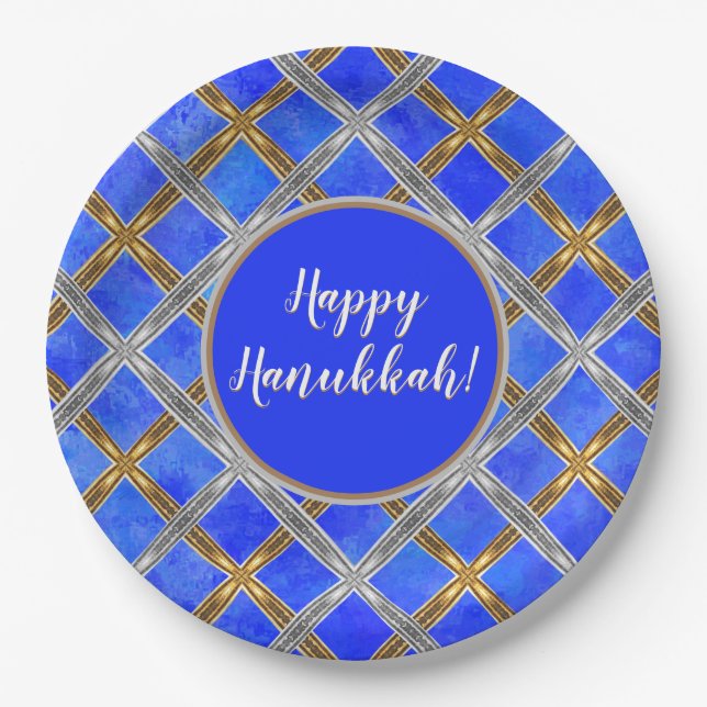 Happy Hanukkah Gold, Silver, and White Laced Paper Plate (Front)