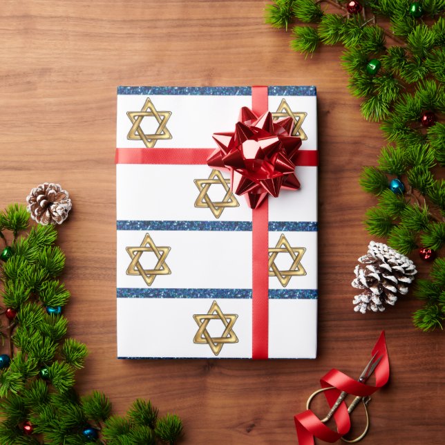 Happy Hanukkah Gold Star of David White Blue Wrapping Paper (Holiday Gift)