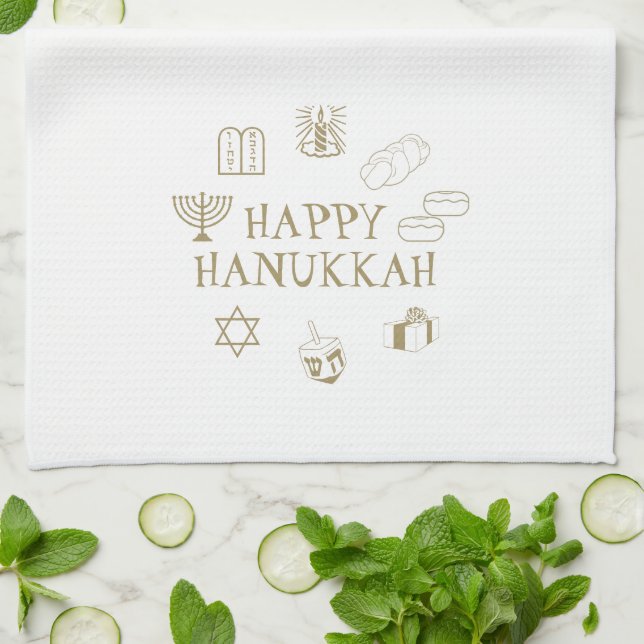 Happy Hanukkah gold white custom cute Kitchen Towel (Folded)