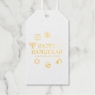 Happy Hanukkah gold white custom family name Gift Tags
