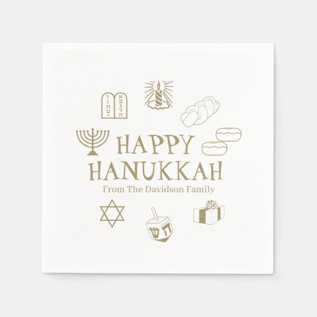 Happy Hanukkah gold white custom family name Napkin (Front)