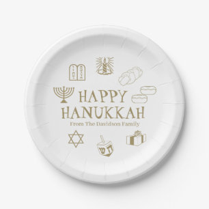 Happy Hanukkah gold white custom family name Paper Plate
