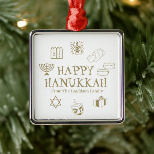 Happy Hanukkah gold white custom name favors Metal Ornament