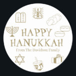 Happy Hanukkah gold white custom name gift favour Classic Round Sticker<br><div class="desc">Happy Hanukkah,  customize family name gift favour stickers 
Happy Hanukkah,  Happy Chanukah,  Hanukkah Sameach!,  Chag Sameach!,  Chag Urim Sameach!
faux gold and white</div>
