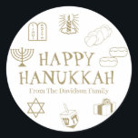 Happy Hanukkah gold white custom name gift favour Classic Round Sticker<br><div class="desc">Happy Hanukkah,  customize family name gift favour stickers 
Happy Hanukkah,  Happy Chanukah,  Hanukkah Sameach!,  Chag Sameach!,  Chag Urim Sameach!
faux gold and white</div>