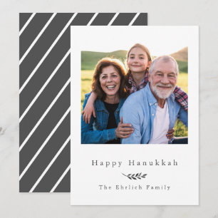 Happy Hanukkah Grey and White Stripes Photo Holiday Card