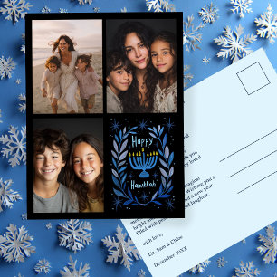 HAPPY HANUKKAH Hand-Drawn CUSTOM 3 PHOTO Letter Holiday Postcard
