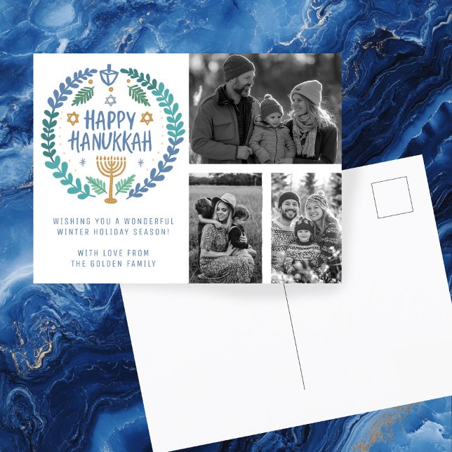 Happy Hanukkah Hand-Drawn CUSTOM 3 PHOTOS Holiday Postcard (Happy Hanukkah Hand-Drawn CUSTOM 3 PHOTOS Holiday Postcard
)