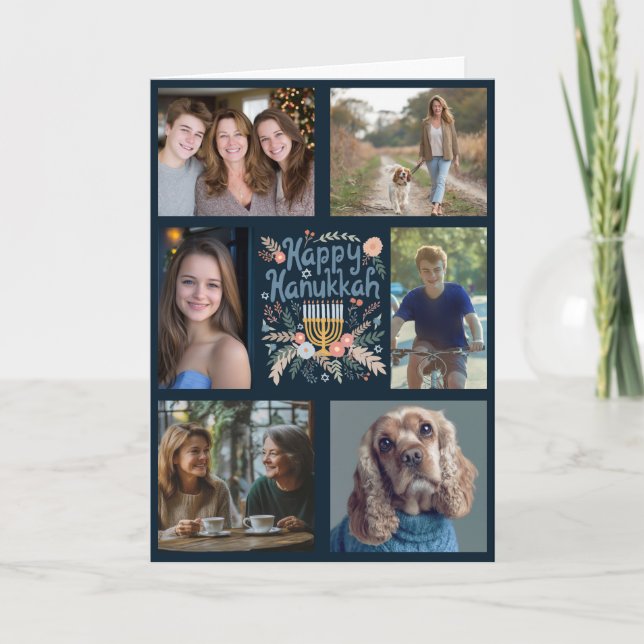 HAPPY HANUKKAH Hand-Drawn CUSTOM 6 PHOTO Folded Holiday Card (Front)