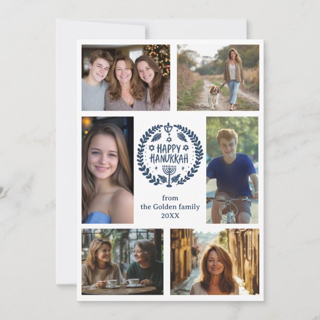 HAPPY HANUKKAH Hand-Drawn CUSTOM 6 PHOTO  Holiday Card (Front)