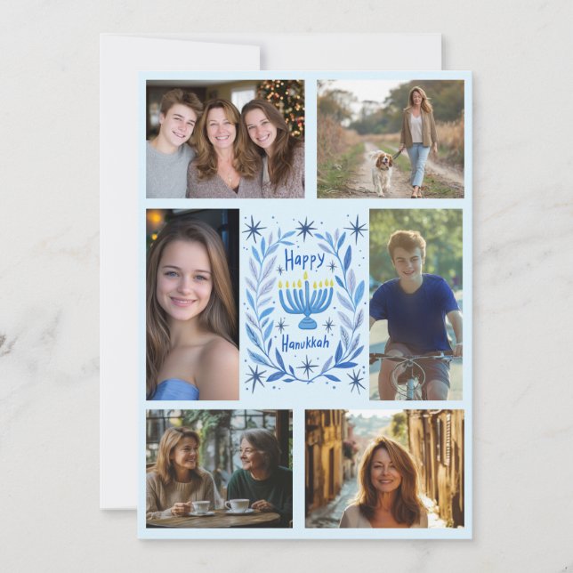 HAPPY HANUKKAH Hand-Drawn CUSTOM 6 PHOTO  Holiday Card (Front)