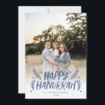 Happy Hanukkah Hand drawn Leaves Snow Blue Photo Holiday Card<br><div class="desc">Stylish,  elegant and personalized; featuring your photo with handwritten styled type accented by hand drawn pine leaves and berries. The back features a festive snow pattern.</div>