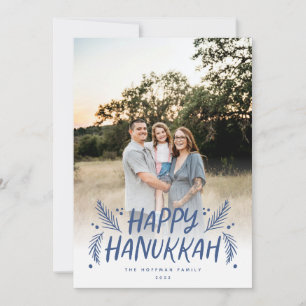 Happy Hanukkah Hand drawn Leaves Snow Blue Photo Holiday Card