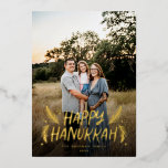 Happy Hanukkah Hand drawn Leaves Snow Photo Foil Holiday Card<br><div class="desc">Stylish,  elegant and personalized; featuring your photo with handwritten styled type accented by hand drawn pine leaves and berries. The back features a festive snow pattern.</div>