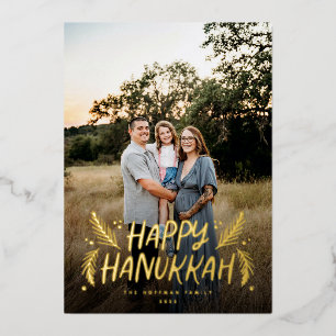 Happy Hanukkah Hand drawn Leaves Snow Photo Foil Holiday Card