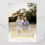 Happy Hanukkah Hand drawn Leaves Snow Photo Foil Holiday Card<br><div class="desc">Stylish,  elegant and personalized; featuring your photo with handwritten styled type accented by hand drawn pine leaves and berries. The back features a festive snow pattern.</div>
