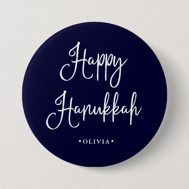 Happy Hanukkah | Handwritten Script on Navy Blue 3 Inch Round Button (Front)