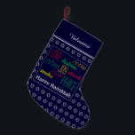 HAPPY HANUKKAH Hebrew Love Joy Peace DARK BLUE Small Christmas Stocking<br><div class="desc">Dark blue HAPPY HANUKKAH stocking with silver coloured Star of David pattern and LOVE JOY PEACE written in English and Hebrew. The placeholder greeting and name are customizable so you can add your name or change the greeting. Same design on the reverse. Ideal way to present your small Hanukkah gifts....</div>