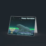 Happy Hanukkah - Ice Edge Polar Bear Holiday Card<br><div class="desc">Chanukkah greetings from the Frozen Chosen. A peaceful moment in the long Arctic night. A Polar Bear rests at the edge of an open area in the pack ice. The Northern Lights glow in the distance; bright stars twinkle overhead. A Chanukkah menorah appears along with text reading, "Happy Hanukkah". Add...</div>