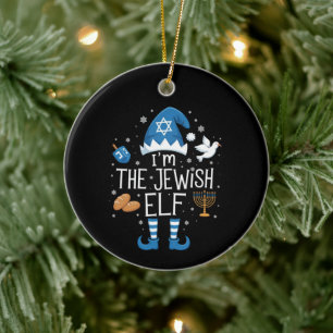 Happy Hanukkah Jewish Elf Family Group Christmas  Ceramic Ornament