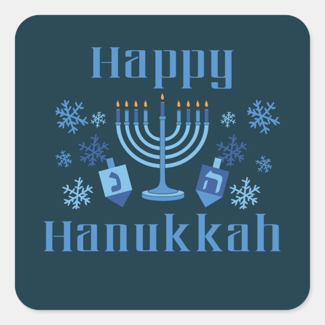 Happy Hanukkah Jewish Festival Menorah Dreidel Square Sticker (Front)